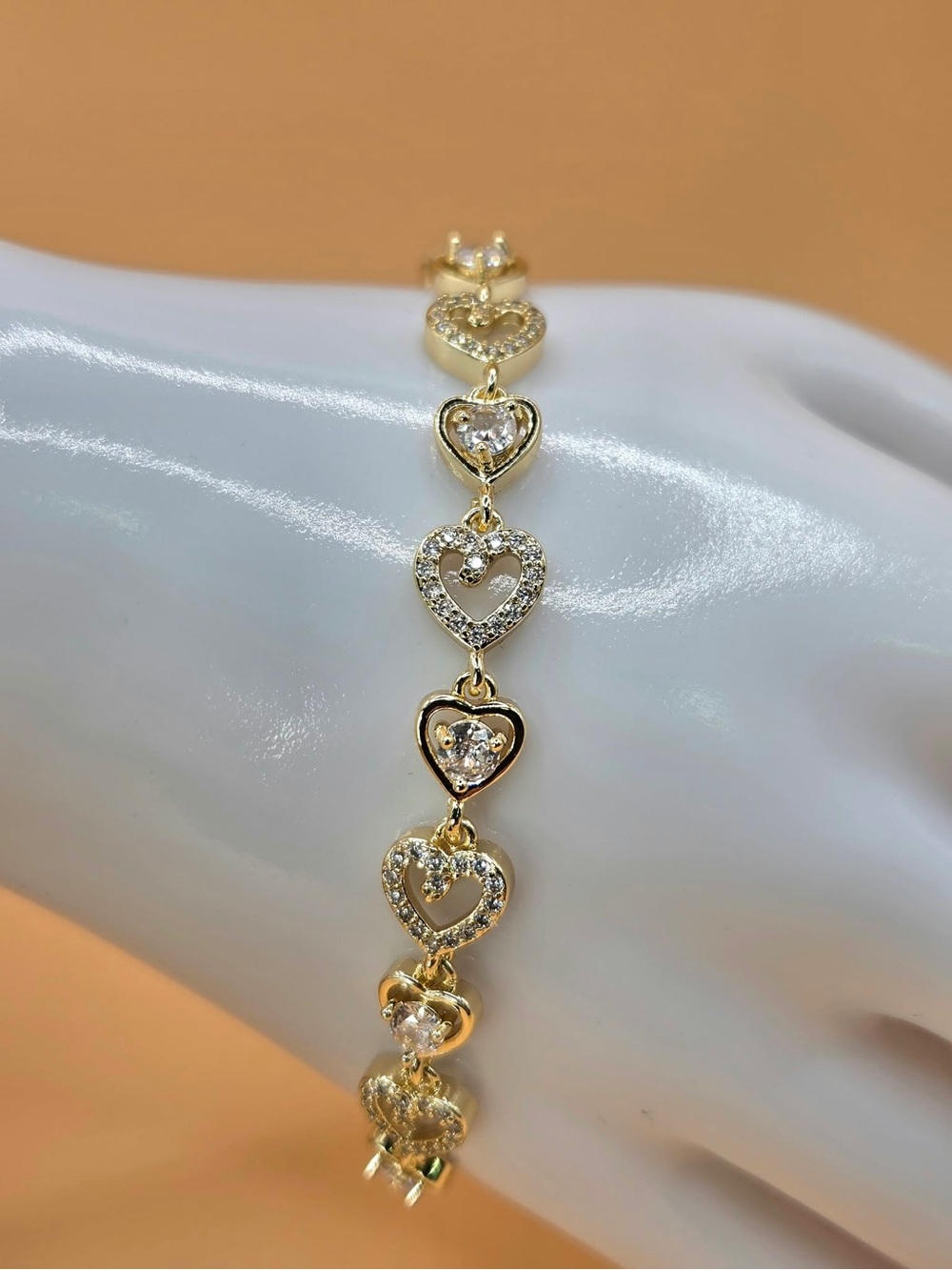 Gold Plated Heart Link Bracelet with Crystal Accents - Women Jewelry